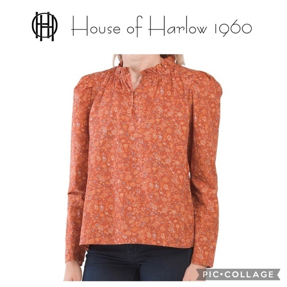 House of Harlow 1960 Floral Ruffle Neck long sleeve Top size M NWT - Picture 1 of 10